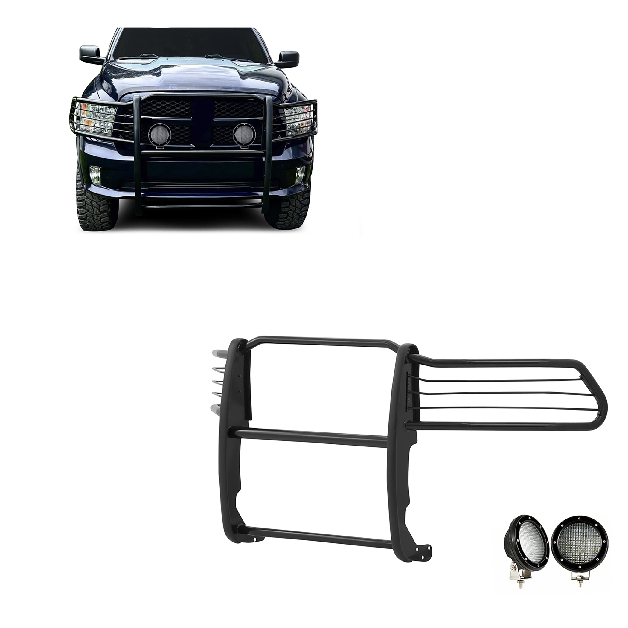 2009-2024 Dodge Ram 1500 Grille Guard Kit Modular Pair  of 5.3" Dia. LED Flood Lights w/ Black Trim Rings Wiring Harness  and Switch | Black Horse Off Road - Image 1