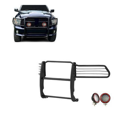 2009-2024 Dodge Ram 1500 Grille Guard Kit Modular Pair  of 5.3" Dia. LED Flood Lights w/ Red Trim Rings Wiring Harness  and Switch | Black Horse Off Road - Image 1