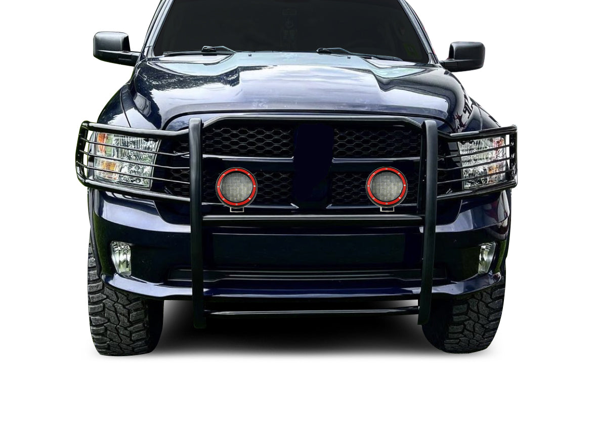 2009-2024 Dodge Ram 1500 Grille Guard Kit Modular Pair  of 5.3" Dia. LED Flood Lights w/ Red Trim Rings Wiring Harness  and Switch | Black Horse Off Road - Image 6