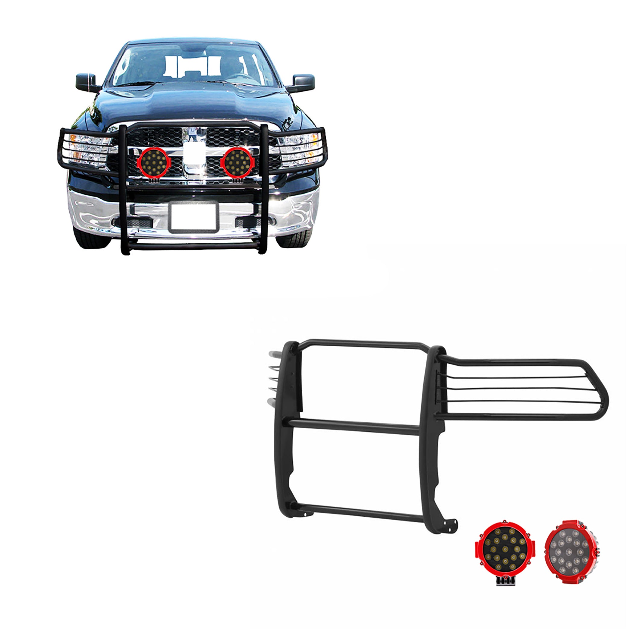 2009-2024 Dodge Ram 1500 Grille Guard Kit Modular Incl. pair of 7.0"Dia.  LED  Lights w/Red Trim Rings w/ Wiring Harness and Switch | Black Horse Off Road - Image 1