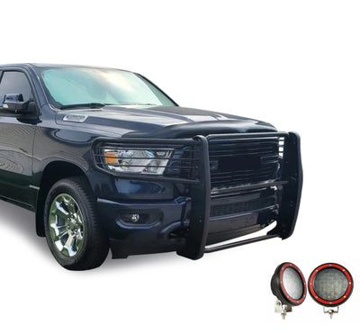 2019-2026 Dodge Ram 1500 Grille Guard Kit Modular Pair  of 5.3" Dia. LED Flood Lights w/ Red Trim Rings Wiring Harness  and Switch | Black Horse Off Road - Image 7