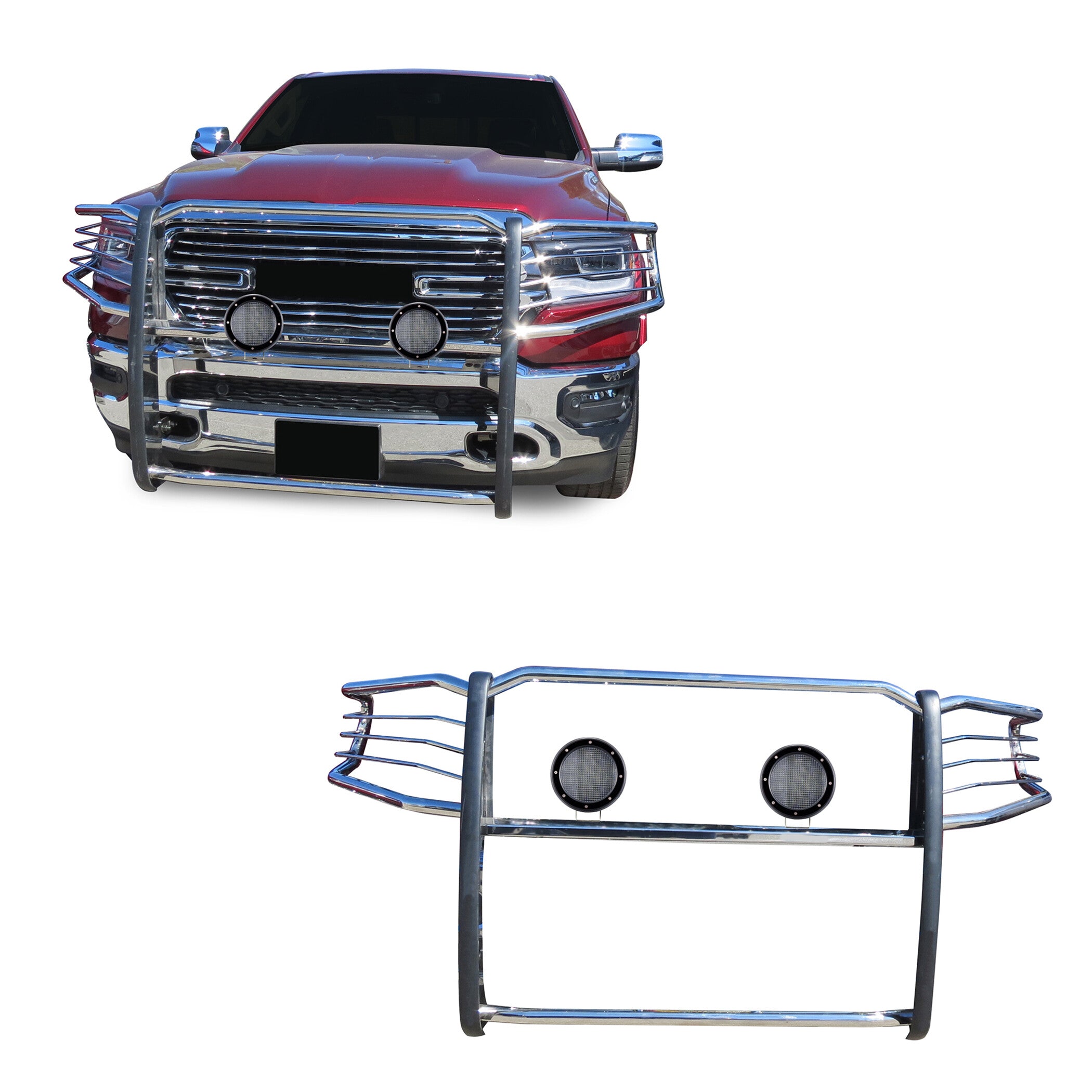 2019-2025 Dodge Ram 1500 Grille Guard Kit Modular Pair  of 5.3" Dia. LED Flood Lights w/ Black Trim Rings Wiring Harness  and Switch | Black Horse Off Road - Image 1