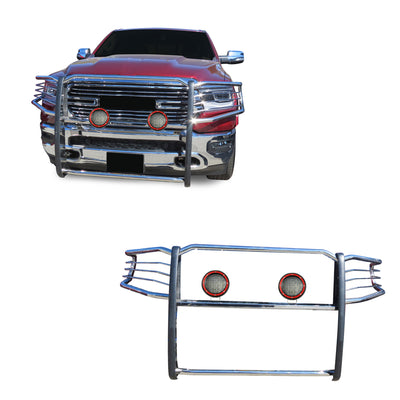 2019-2025 Dodge Ram 1500 Grille Guard Kit Modular Pair  of 5.3" Dia. LED Flood Lights w/ Red Trim Rings Wiring Harness  and Switch | Black Horse Off Road - Image 1