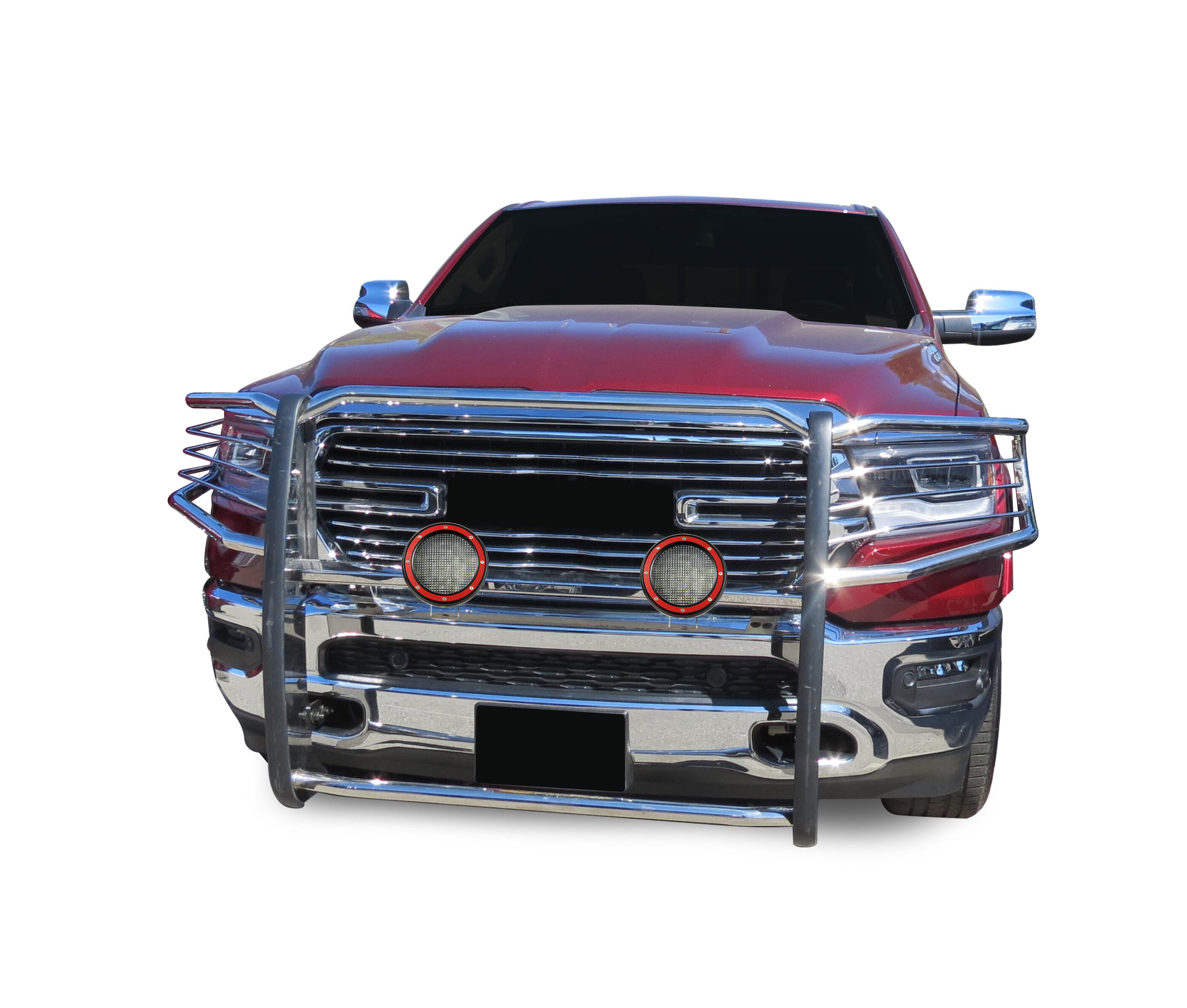 2019-2025 Dodge Ram 1500 Grille Guard Kit Modular Pair  of 5.3" Dia. LED Flood Lights w/ Red Trim Rings Wiring Harness  and Switch | Black Horse Off Road - Image 7