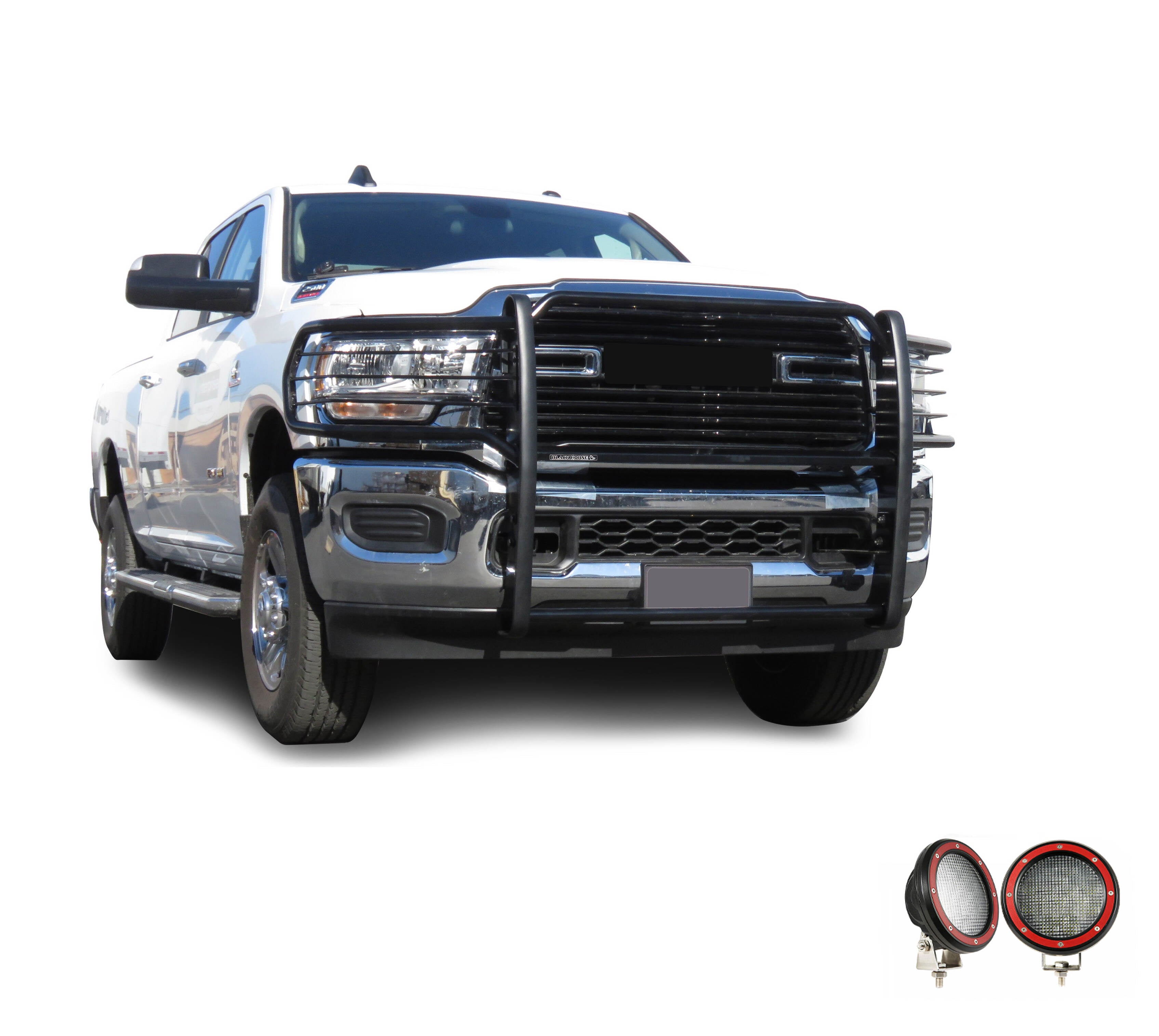 2019-2024 Dodge Ram 2500 Grille Guard Kit Modular Pair  of 5.3" Dia. LED Flood Lights w/ Red Trim Rings Wiring Harness  and Switch | Black Horse Off Road - Image 8