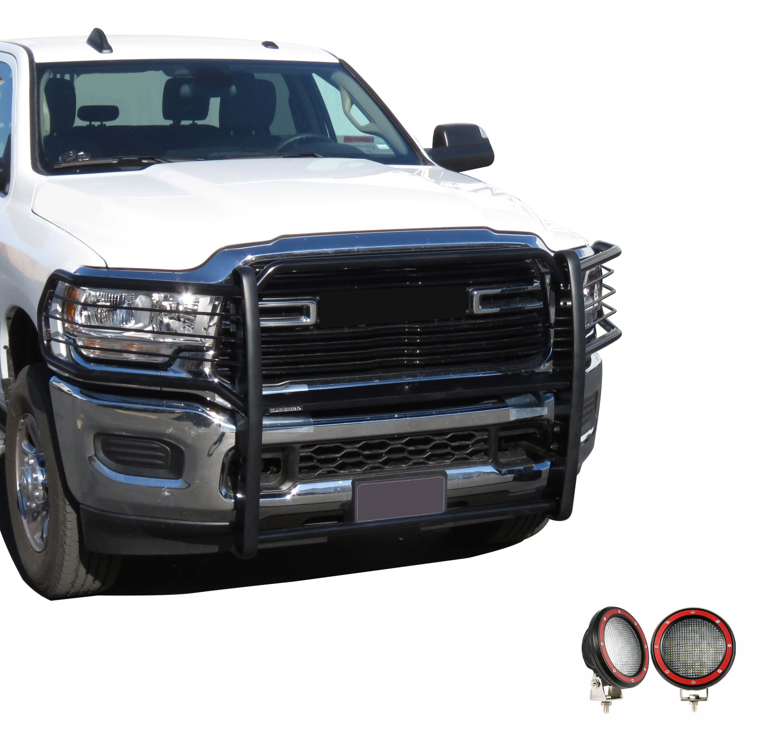 2019-2024 Dodge Ram 2500 Grille Guard Kit Modular Pair  of 5.3" Dia. LED Flood Lights w/ Red Trim Rings Wiring Harness  and Switch | Black Horse Off Road - Image 9