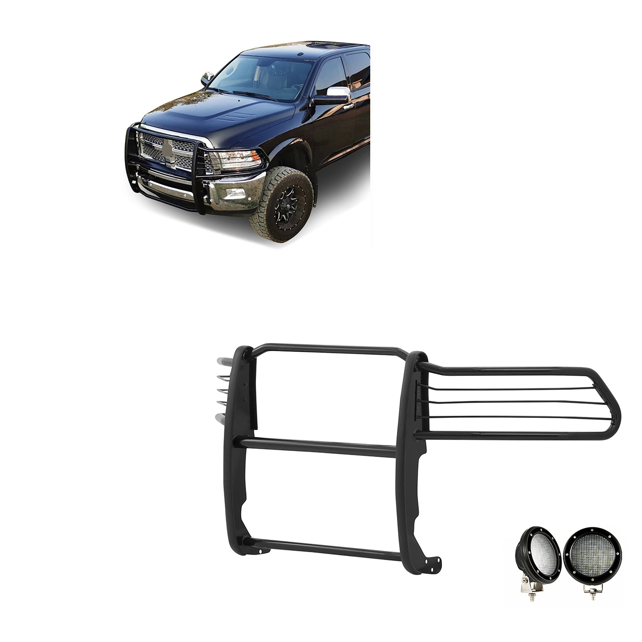 2010-2018 Dodge Ram 2500 Grille Guard Kit Modular Pair  of 5.3" Dia. LED Flood Lights w/ Black Trim Rings Wiring Harness  and Switch | Black Horse Off Road - Image 1