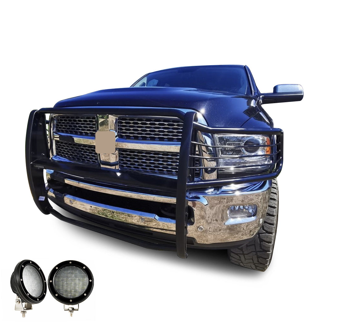 2010-2018 Dodge Ram 2500 Grille Guard Kit Modular Pair  of 5.3" Dia. LED Flood Lights w/ Black Trim Rings Wiring Harness  and Switch | Black Horse Off Road - Image 8