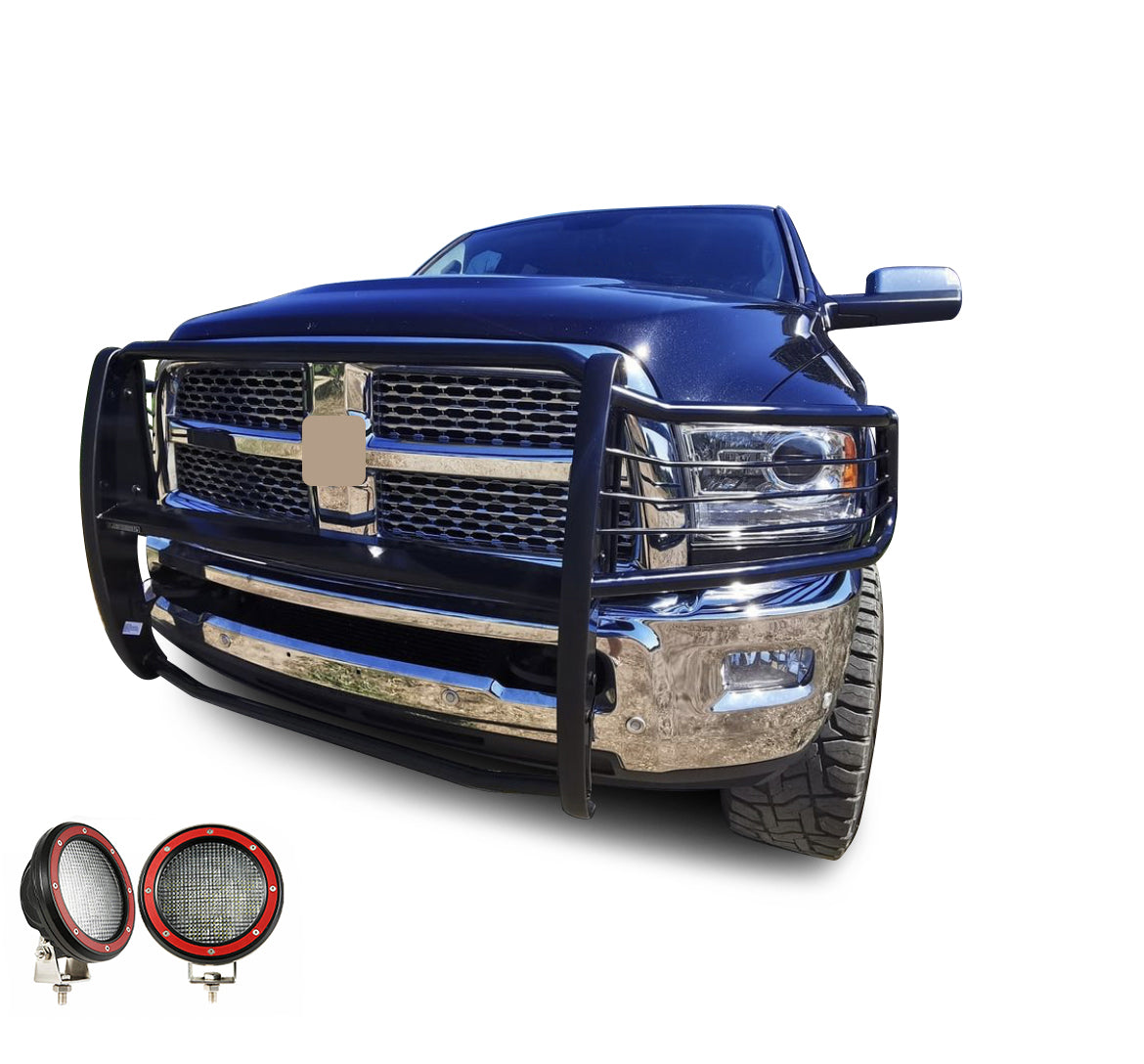 2010-2018 Dodge Ram 2500 Grille Guard Kit Modular Pair  of 5.3" Dia. LED Flood Lights w/ Red Trim Rings Wiring Harness  and Switch | Black Horse Off Road - Image 7