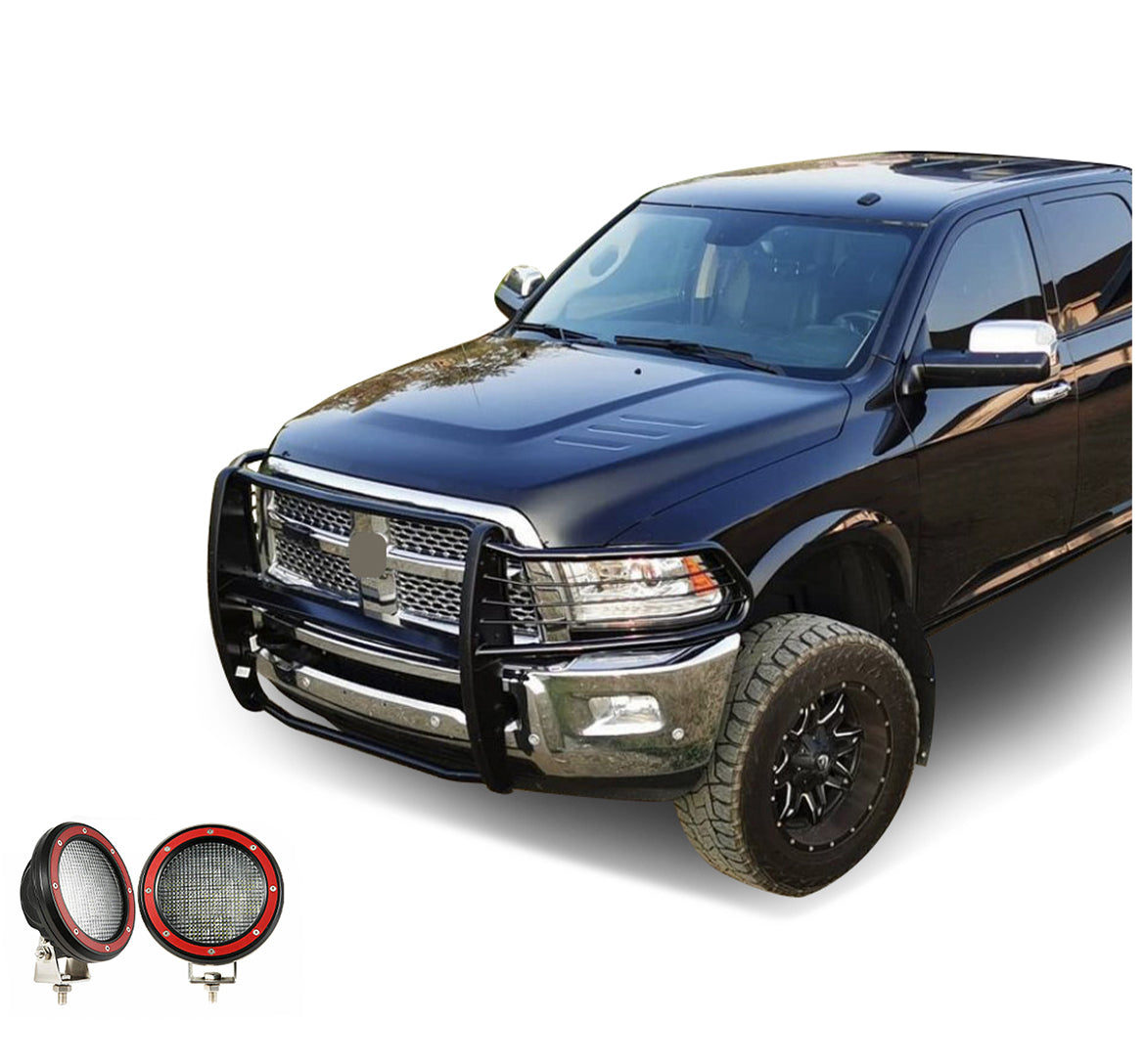 2010-2018 Dodge Ram 2500 Grille Guard Kit Modular Pair  of 5.3" Dia. LED Flood Lights w/ Red Trim Rings Wiring Harness  and Switch | Black Horse Off Road - Image 8