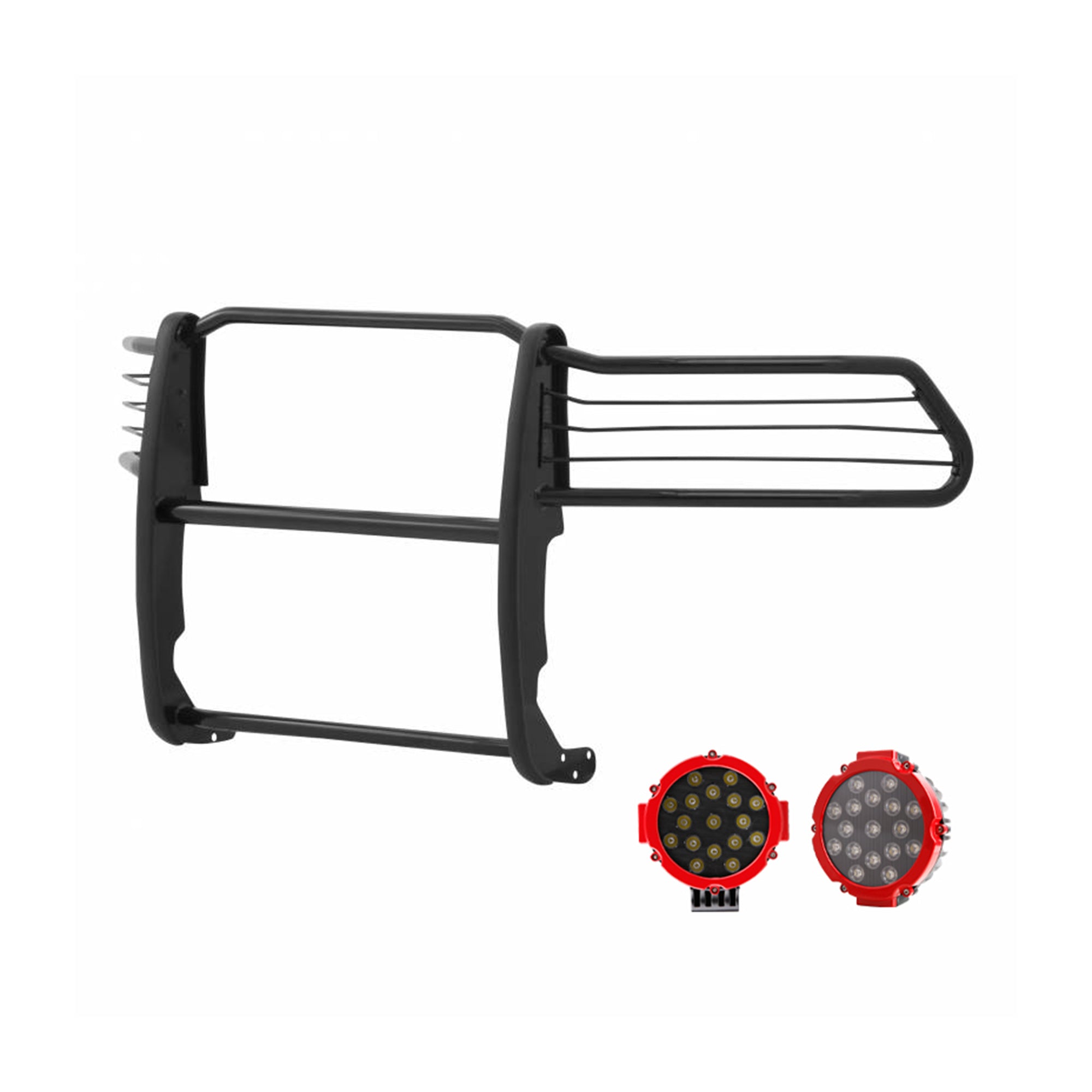 2010-2018 Dodge Ram 2500 Grille Guard Kit Modular Incl. pair of 7.0"Dia.  LED  Lights w/Red Trim Rings w/ Wiring Harness and Switch | Black Horse Off Road - Image 1