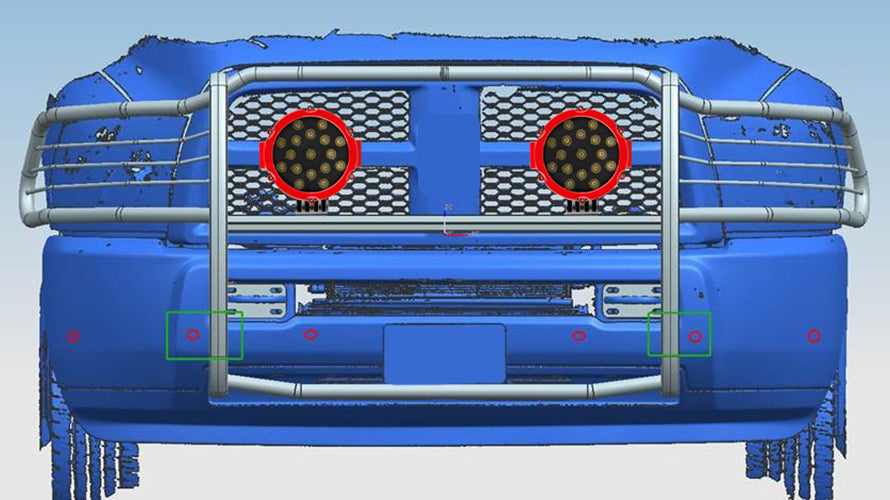 2010-2018 Dodge Ram 2500 Grille Guard Kit Modular Incl. pair of 7.0"Dia.  LED  Lights w/Red Trim Rings w/ Wiring Harness and Switch | Black Horse Off Road - Image 4
