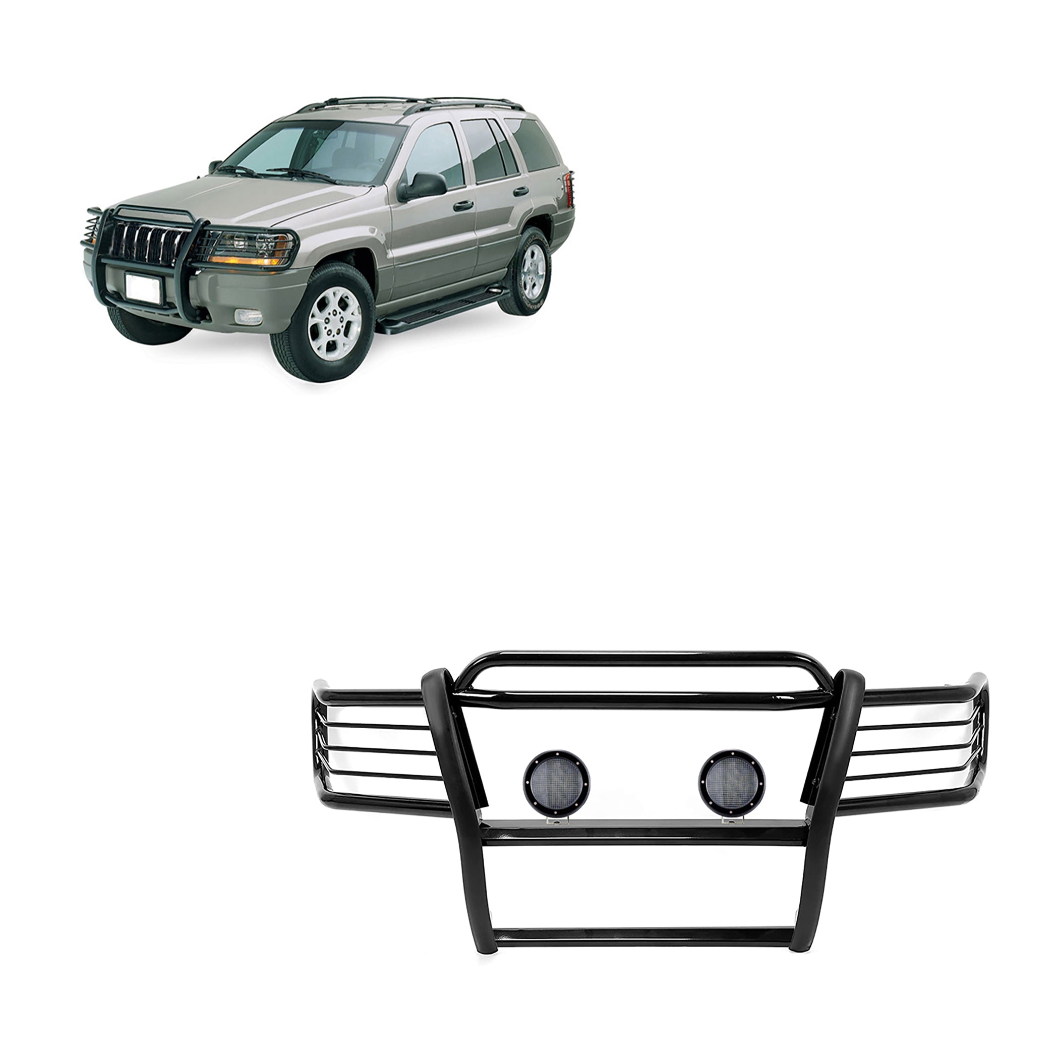 1999-2004 Jeep Grand Cherokee Grille Guard Kit Modular Pair  of 5.3" Dia. LED Flood Lights w/ Black Trim Rings Wiring Harness  and Switch | Black Horse Off Road - Image 1