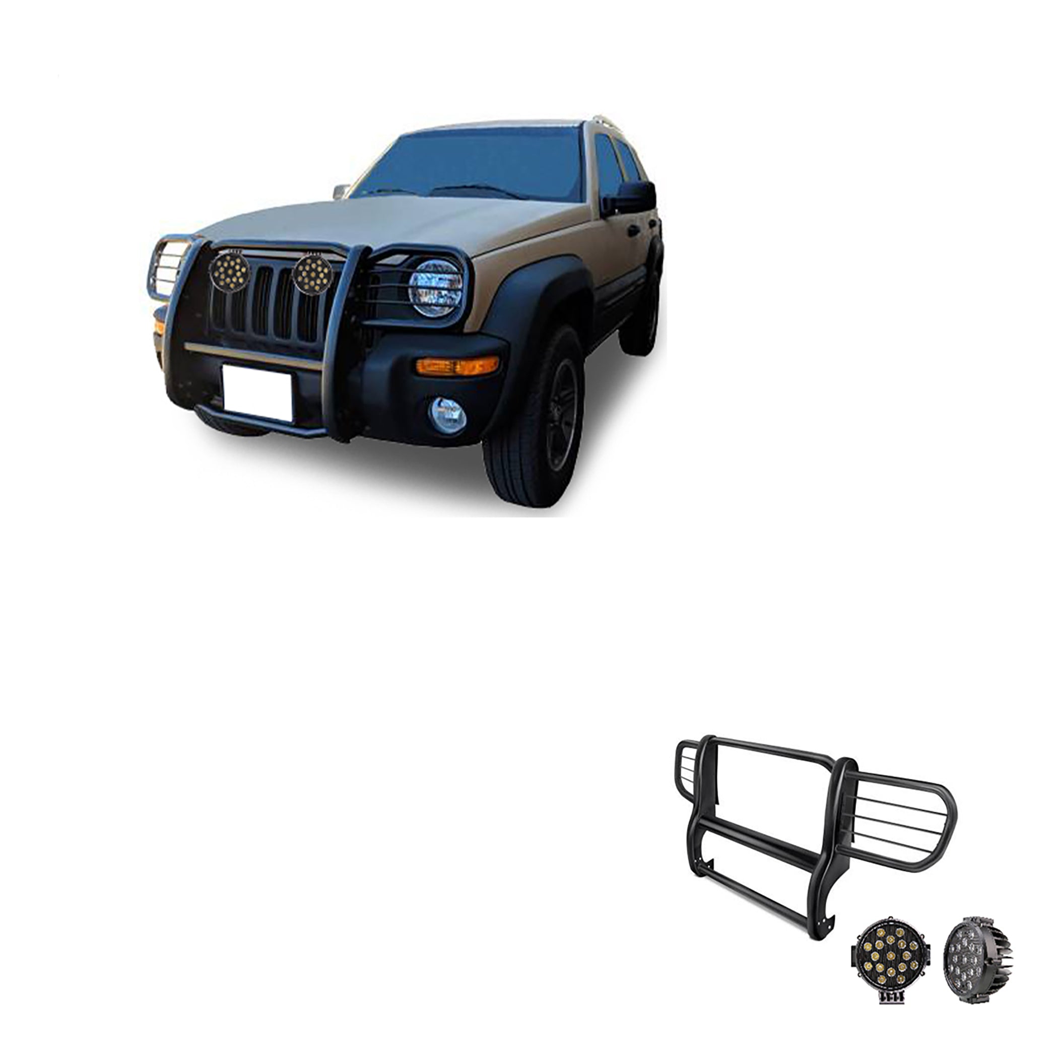 2002-2007 Jeep Liberty Grille Guard Kit Modular Incl. pair of 7.0"Dia.  LED  Lights w/ Black Trim Rings w/ Wiring Harness and Switch | Black Horse Off Road - Image 1