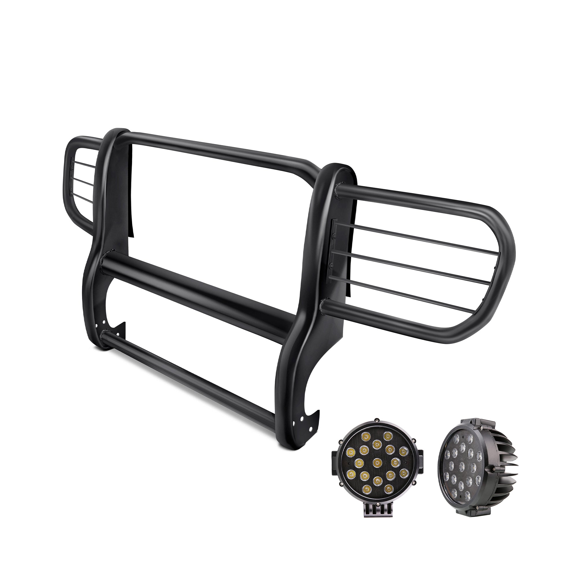 2002-2007 Jeep Liberty Grille Guard Kit Modular Pair  of 5.3" Dia. LED Flood Lights w/ Black Trim Rings Wiring Harness  and Switch | Black Horse Off Road - Image 1