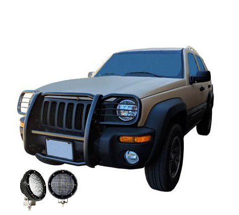 2002-2007 Jeep Liberty Grille Guard Kit Modular Pair  of 5.3" Dia. LED Flood Lights w/ Black Trim Rings Wiring Harness  and Switch | Black Horse Off Road - Image 10