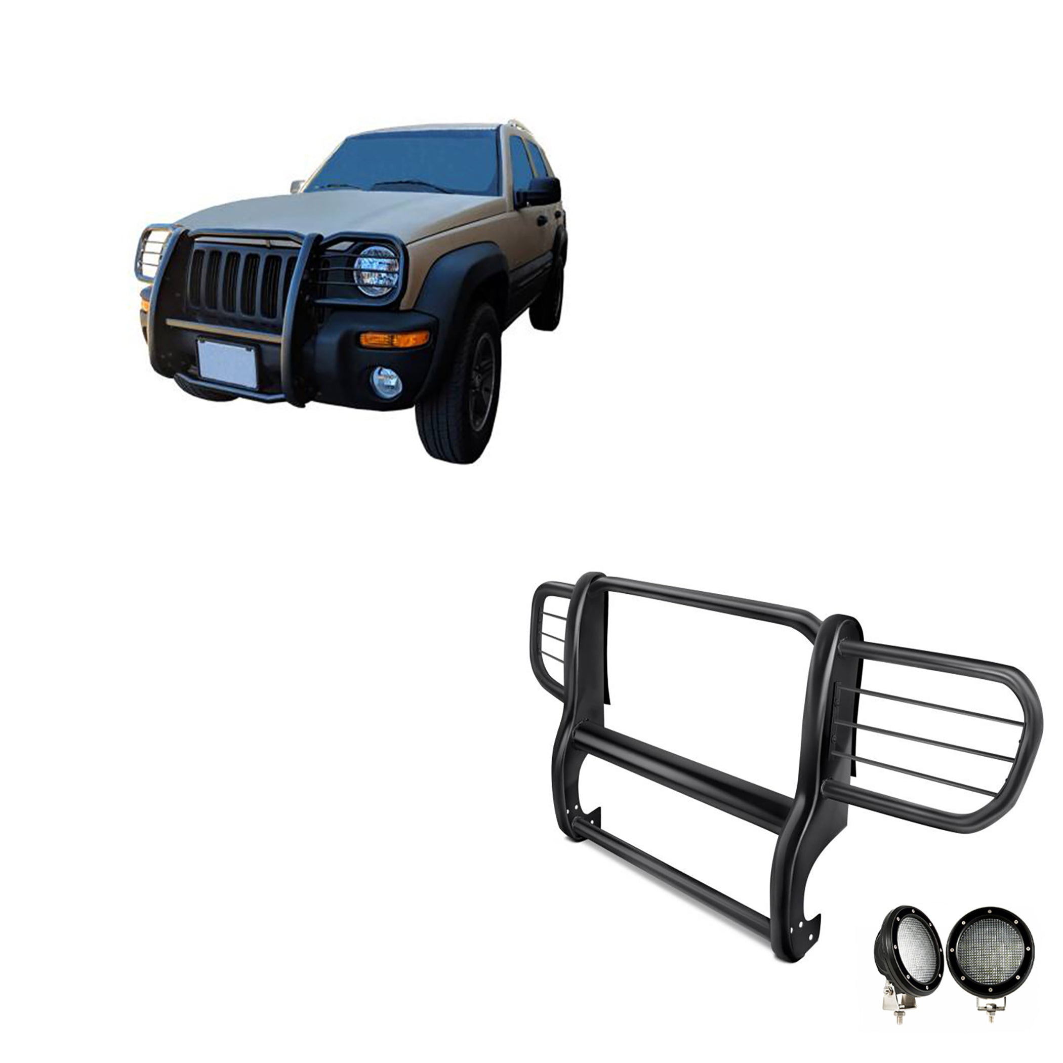 2002-2007 Jeep Liberty Grille Guard Kit Modular Pair  of 5.3" Dia. LED Flood Lights w/ Black Trim Rings Wiring Harness  and Switch | Black Horse Off Road - Image 2