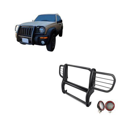 2002-2007 Jeep Liberty Grille Guard Kit Modular Pair  of 5.3" Dia. LED Flood Lights w/ Red Trim Rings Wiring Harness  and Switch | Black Horse Off Road - Image 1