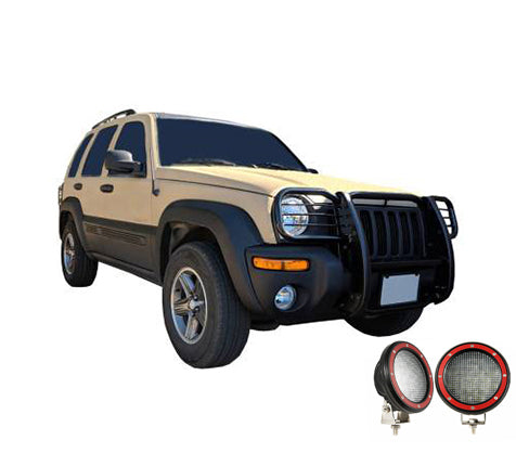 2002-2007 Jeep Liberty Grille Guard Kit Modular Pair  of 5.3" Dia. LED Flood Lights w/ Red Trim Rings Wiring Harness  and Switch | Black Horse Off Road - Image 8