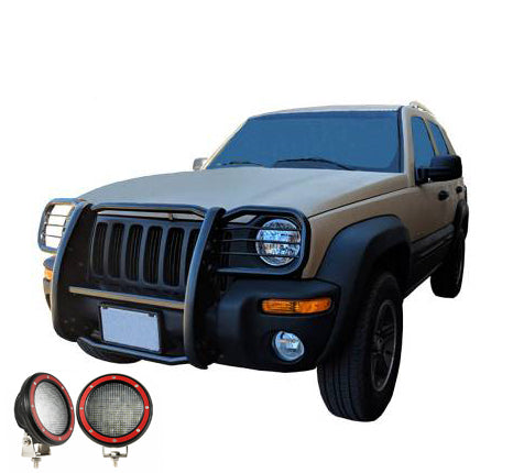 2002-2007 Jeep Liberty Grille Guard Kit Modular Pair  of 5.3" Dia. LED Flood Lights w/ Red Trim Rings Wiring Harness  and Switch | Black Horse Off Road - Image 9