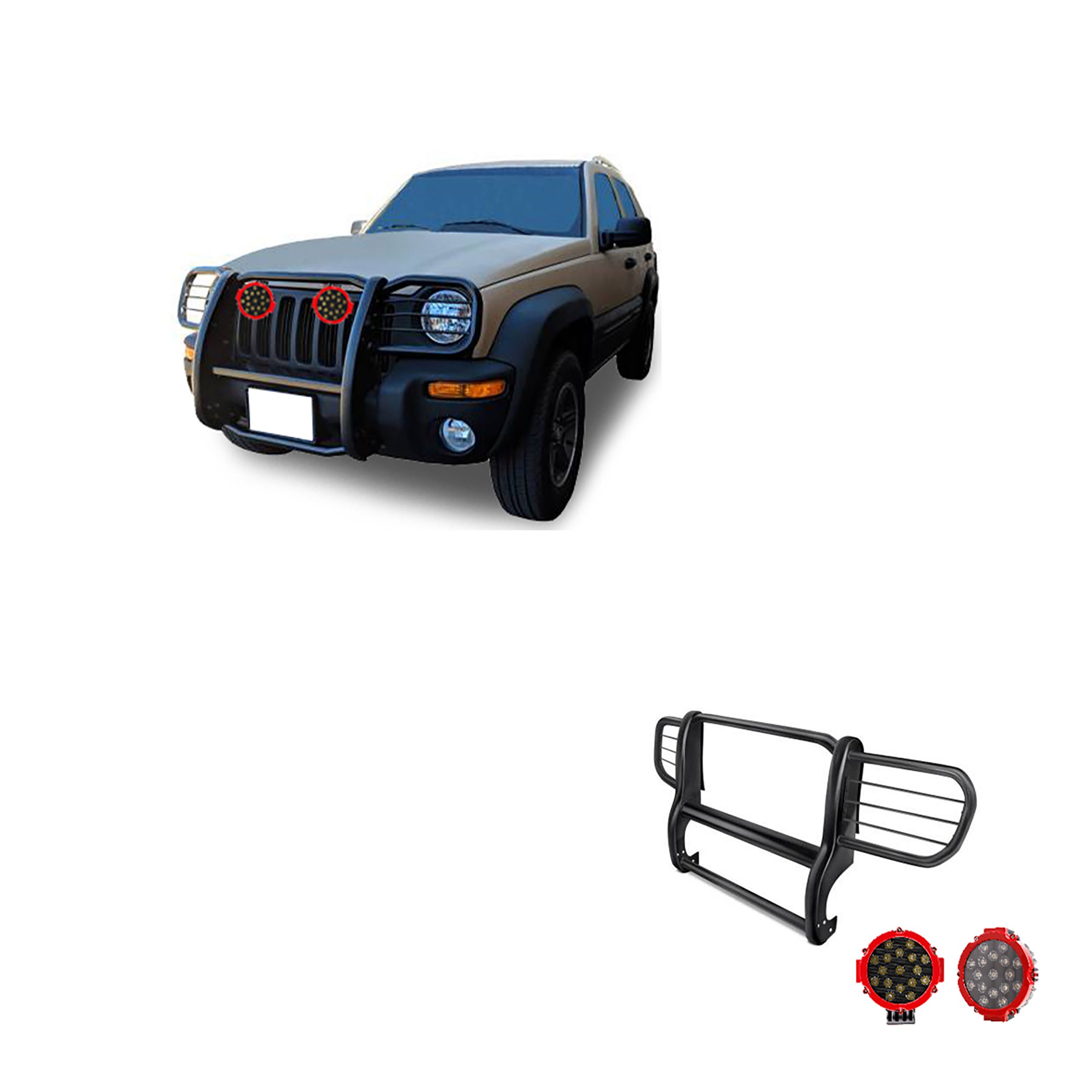 2002-2007 Jeep Liberty Grille Guard Kit Modular Incl. pair of 7.0"Dia.  LED  Lights w/Red Trim Rings w/ Wiring Harness and Switch | Black Horse Off Road - Image 1