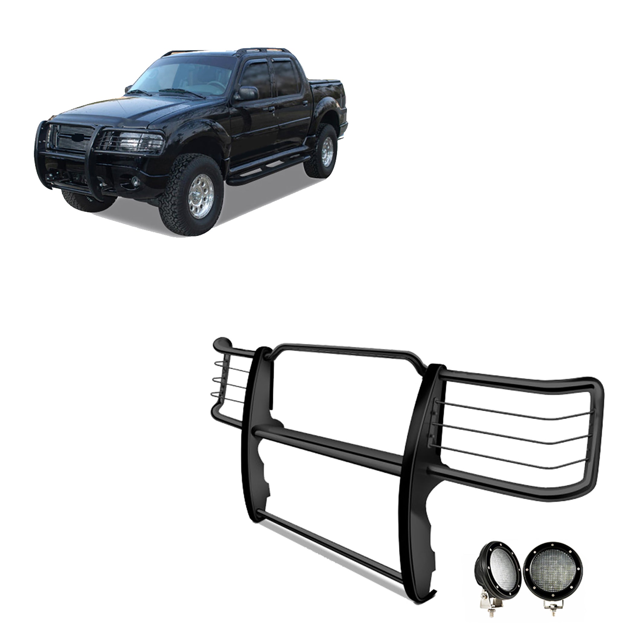 1995-2001 Ford Explorer / Mercury Mountaineer Grille Guard Kit Modular Pair  of 5.3" Dia. LED Flood Lights w/ Black Trim Rings Wiring Harness  and Switch | Black Horse Off Road - Image 1