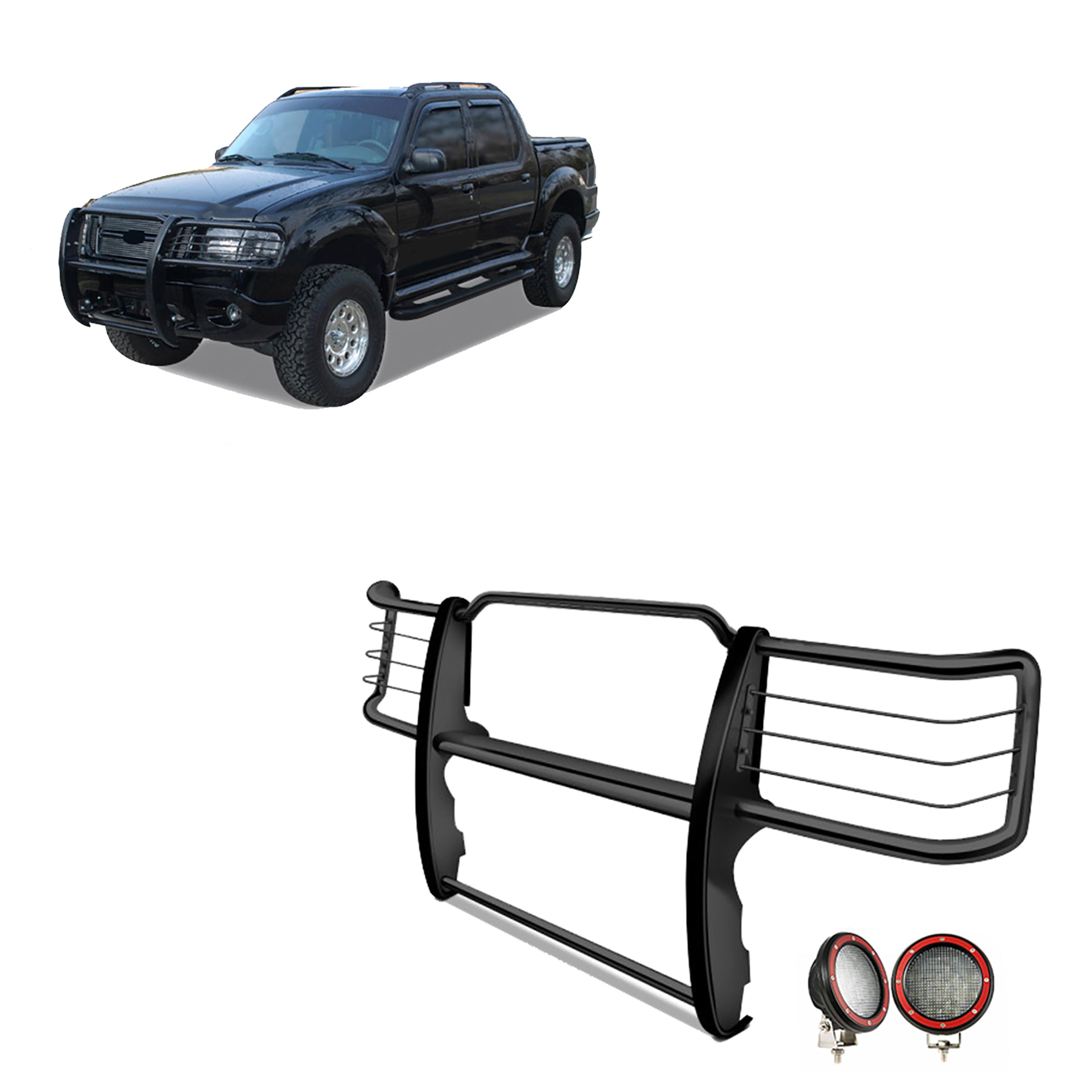 1995-2001 Ford Explorer / Mercury Mountaineer Grille Guard Kit Modular Pair  of 5.3" Dia. LED Flood Lights w/ Red Trim Rings Wiring Harness  and Switch | Black Horse Off Road - Image 1
