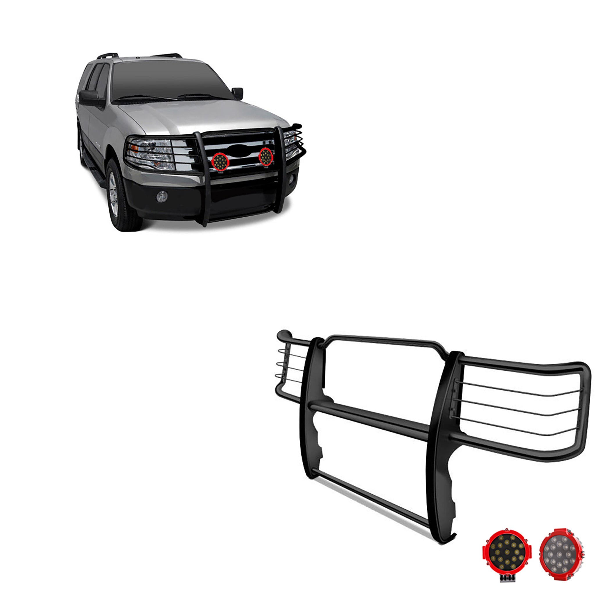 1995-2001 Ford Explorer / Mercury Mountaineer Grille Guard Kit Modular Incl. pair of 7.0"Dia.  LED  Lights w/Red Trim Rings w/ Wiring Harness and Switch | Black Horse Off Road - Image 1