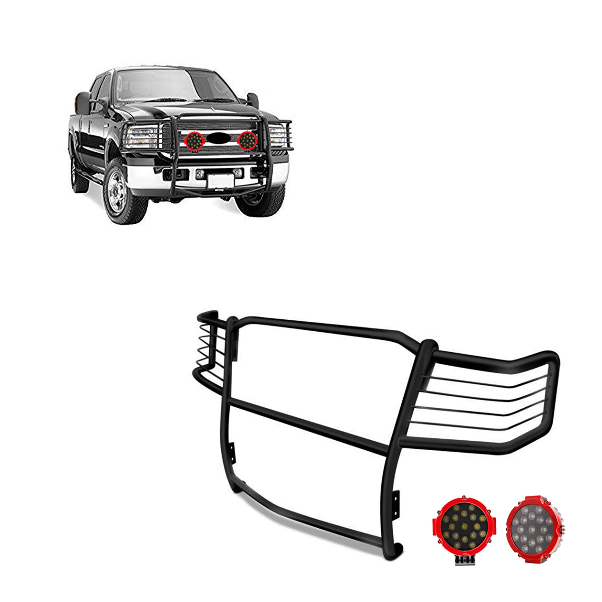 1999-2007 Ford F-250 Super Duty Grille Guard Kit Modular Incl. pair of 7.0"Dia.  LED  Lights w/Red Trim Rings w/ Wiring Harness and Switch | Black Horse Off Road - Image 1