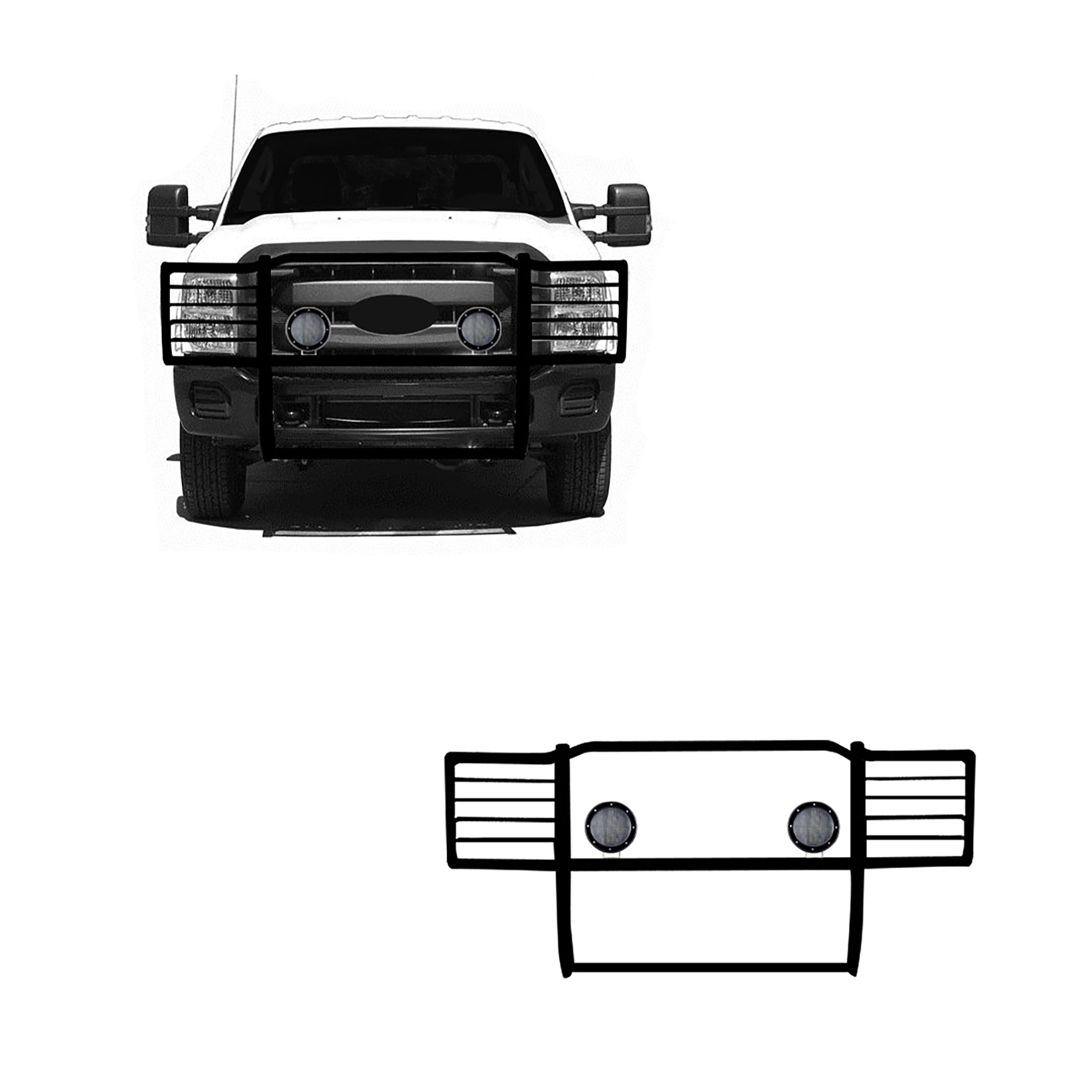 2011-2016 Ford F-250 Super Duty Grille Guard Kit Modular Pair  of 5.3" Dia. LED Flood Lights w/ Black Trim Rings Wiring Harness  and Switch | Black Horse Off Road - Image 1