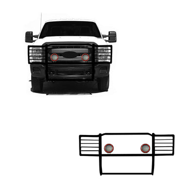 2011-2016 Ford F-250 Super Duty Grille Guard Kit Modular Pair  of 5.3" Dia. LED Flood Lights w/ Red Trim Rings Wiring Harness  and Switch | Black Horse Off Road - Image 1