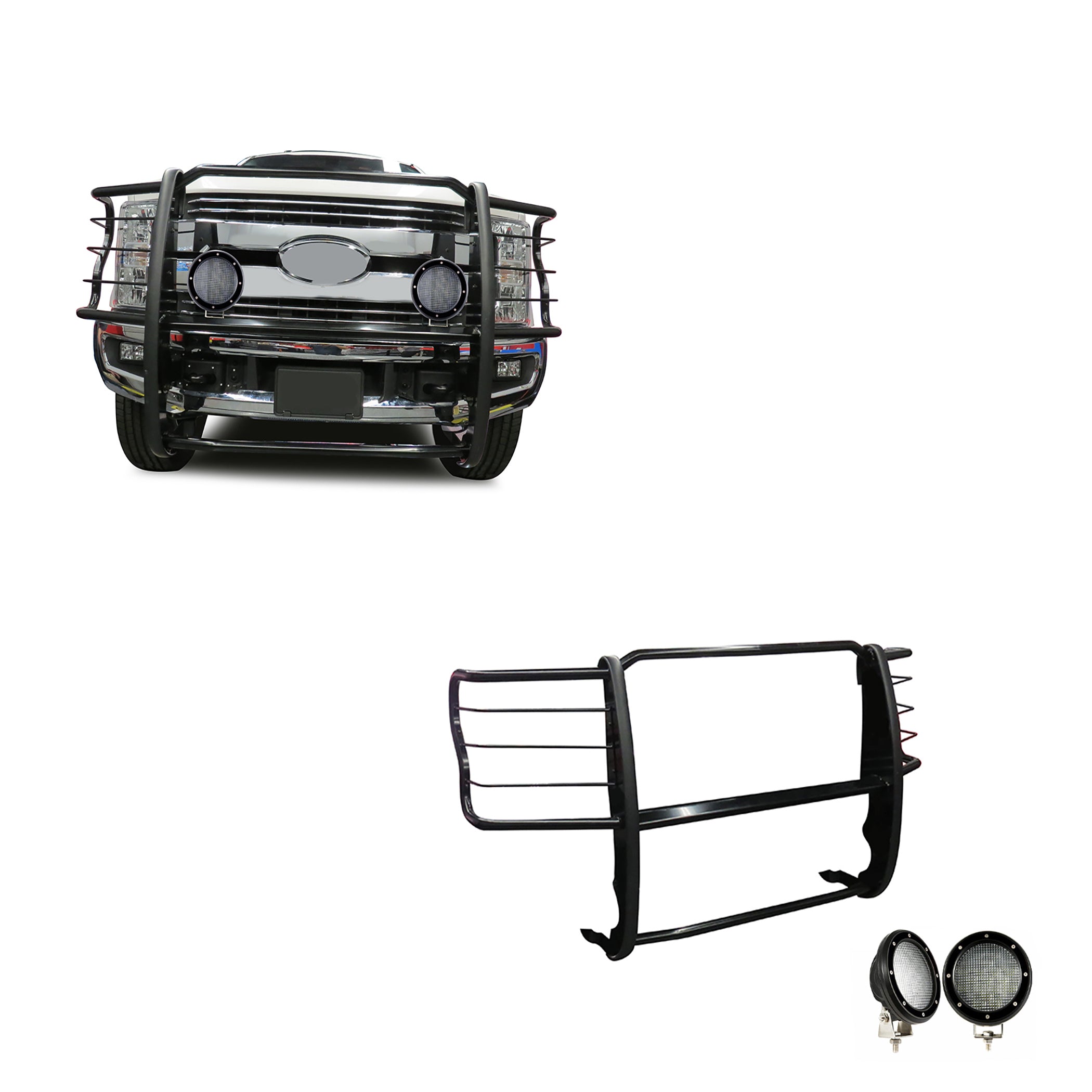 2017-2022 Ford F-250 Super Duty Grille Guard Kit Modular Pair  of 5.3" Dia. LED Flood Lights w/ Black Trim Rings Wiring Harness  and Switch | Black Horse Off Road - Image 1