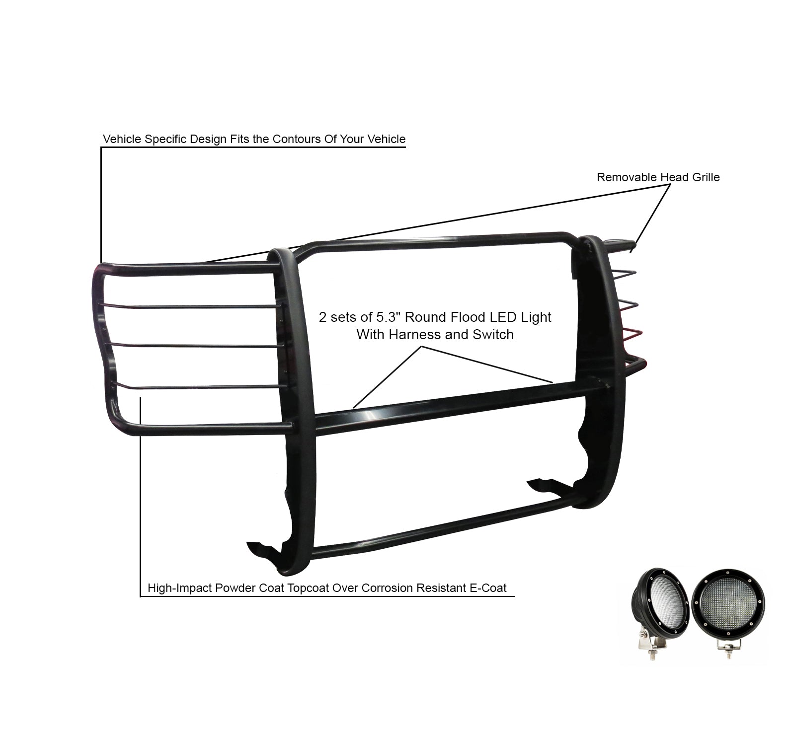 2017-2022 Ford F-250 Super Duty Grille Guard Kit Modular Pair  of 5.3" Dia. LED Flood Lights w/ Black Trim Rings Wiring Harness  and Switch | Black Horse Off Road - Image 5