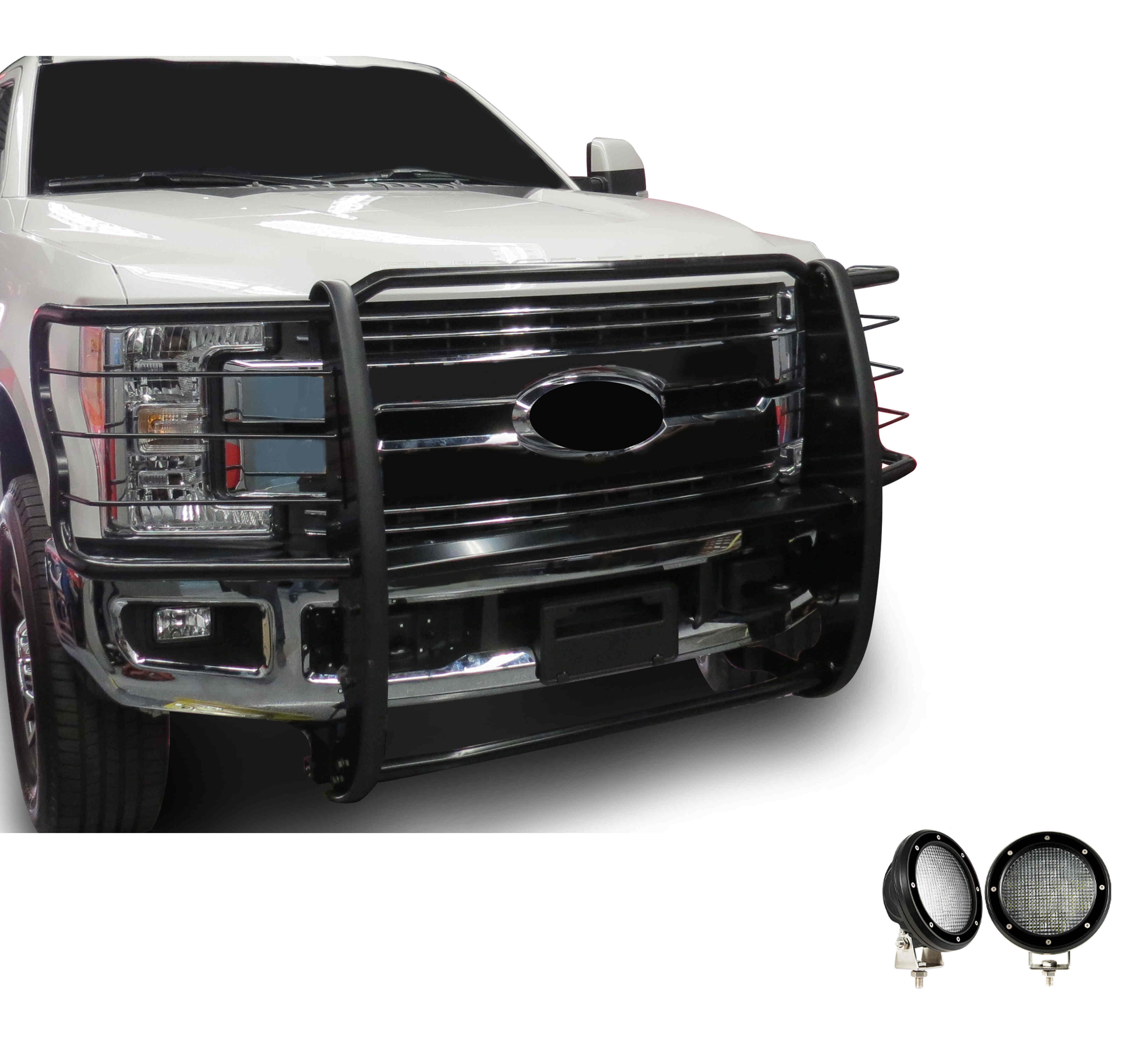 2017-2022 Ford F-250 Super Duty Grille Guard Kit Modular Pair  of 5.3" Dia. LED Flood Lights w/ Black Trim Rings Wiring Harness  and Switch | Black Horse Off Road - Image 8