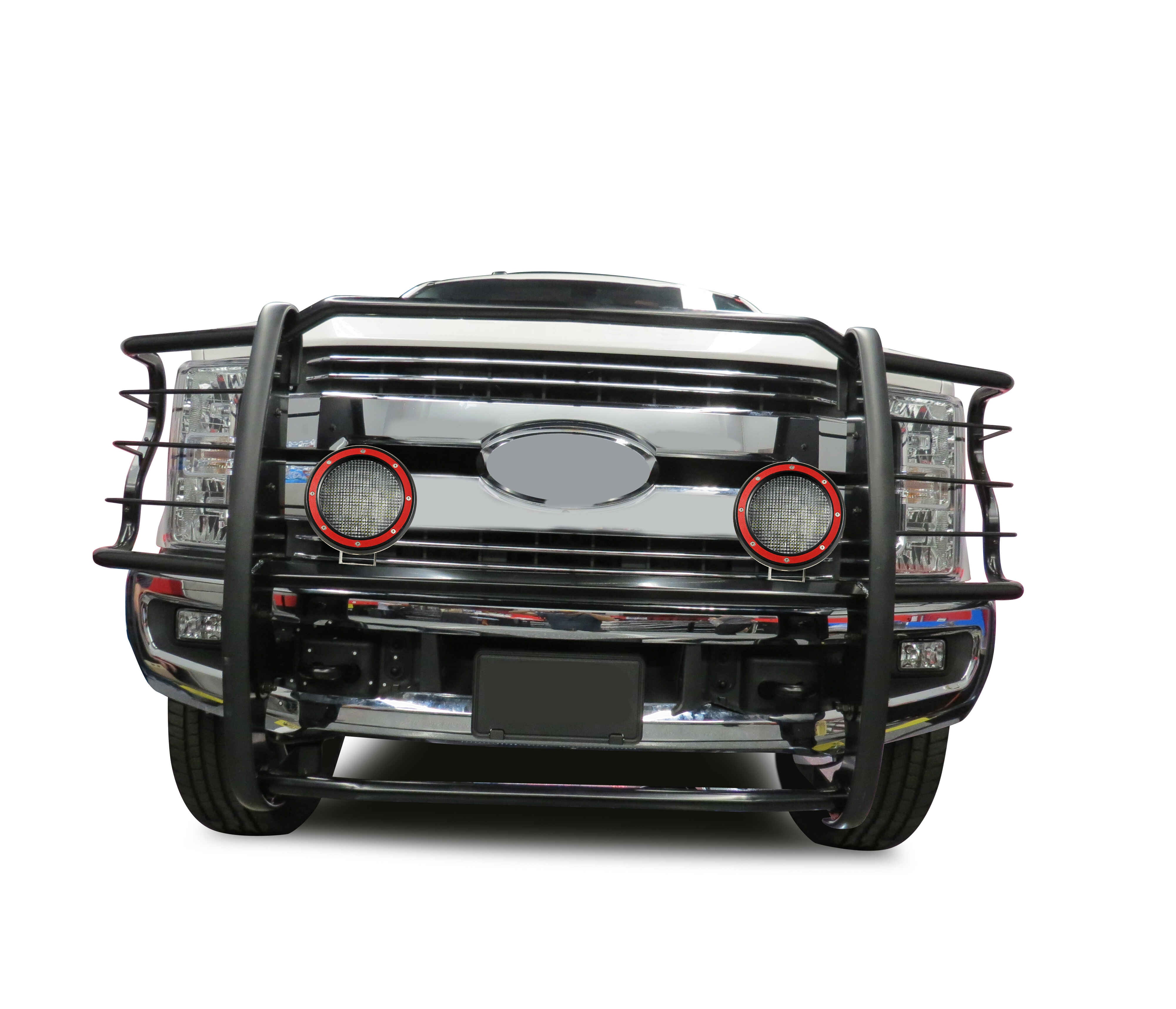 2017-2022 Ford F-250 Super Duty Grille Guard Kit Modular Pair  of 5.3" Dia. LED Flood Lights w/ Red Trim Rings Wiring Harness  and Switch | Black Horse Off Road - Image 8