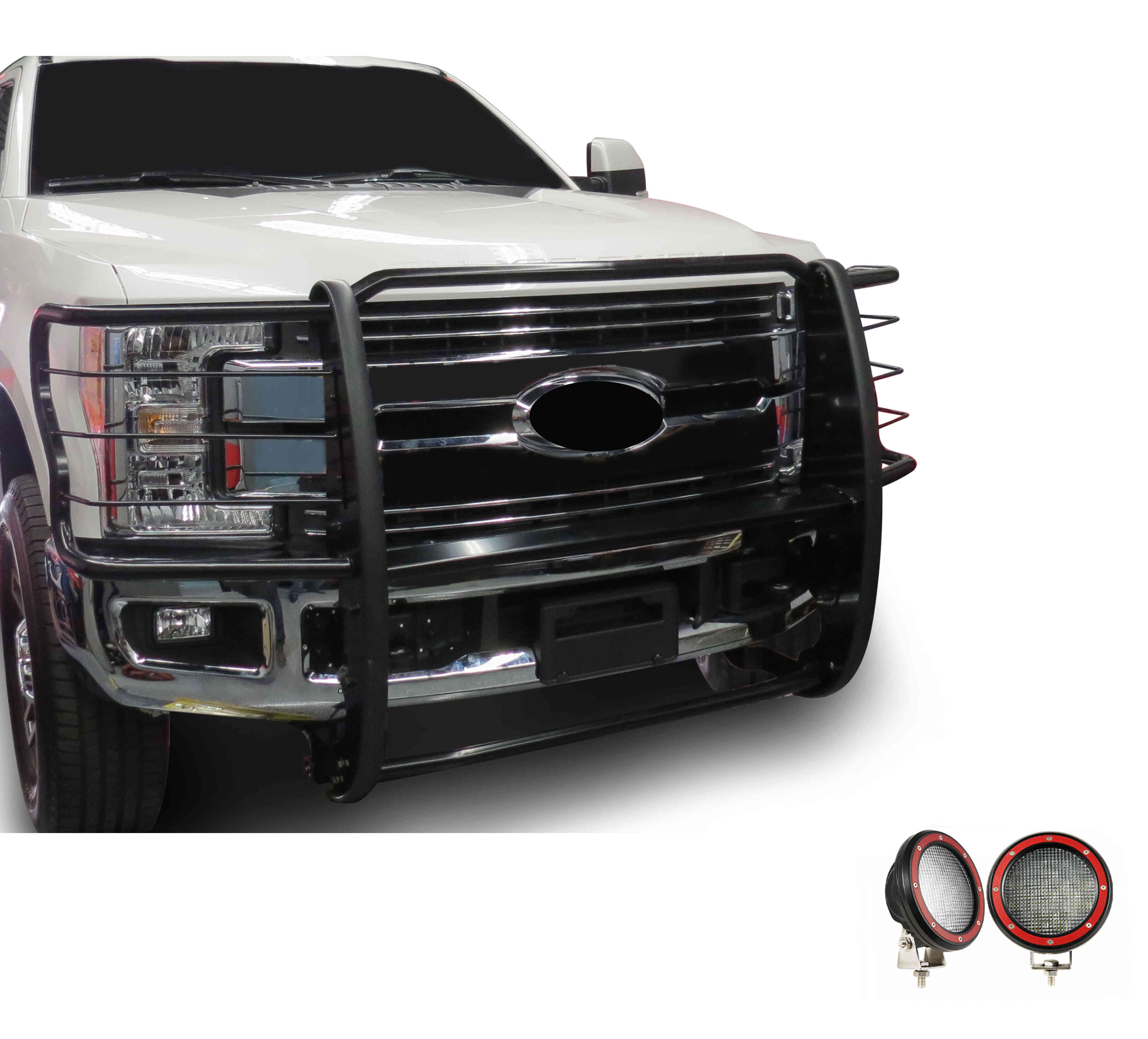 2017-2022 Ford F-250 Super Duty Grille Guard Kit Modular Pair  of 5.3" Dia. LED Flood Lights w/ Red Trim Rings Wiring Harness  and Switch | Black Horse Off Road - Image 9
