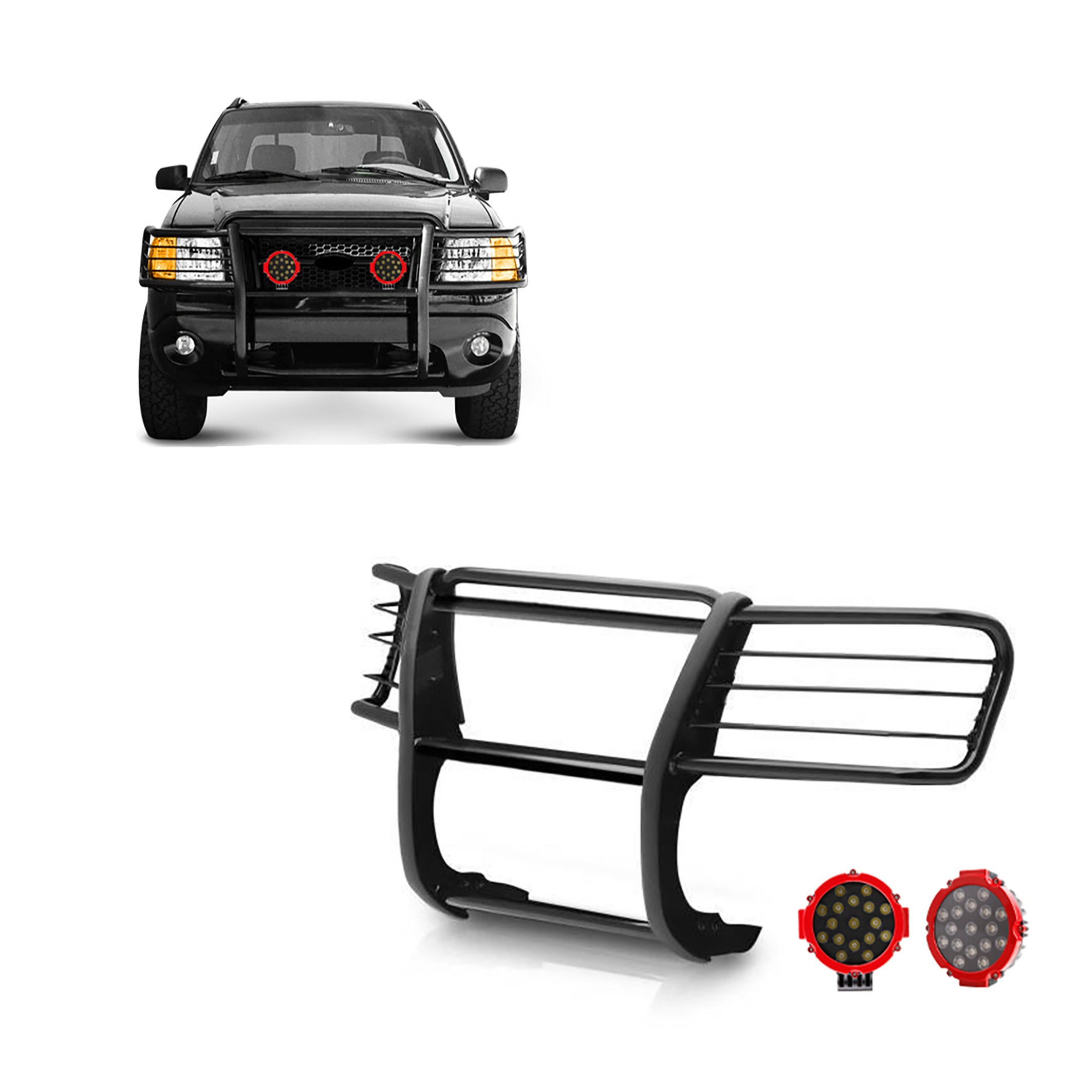 2002-2005 Ford Explorer Grille Guard Kit Modular Incl. pair of 7.0"Dia.  LED  Lights w/Red Trim Rings w/ Wiring Harness and Switch | Black Horse Off Road - Image 1