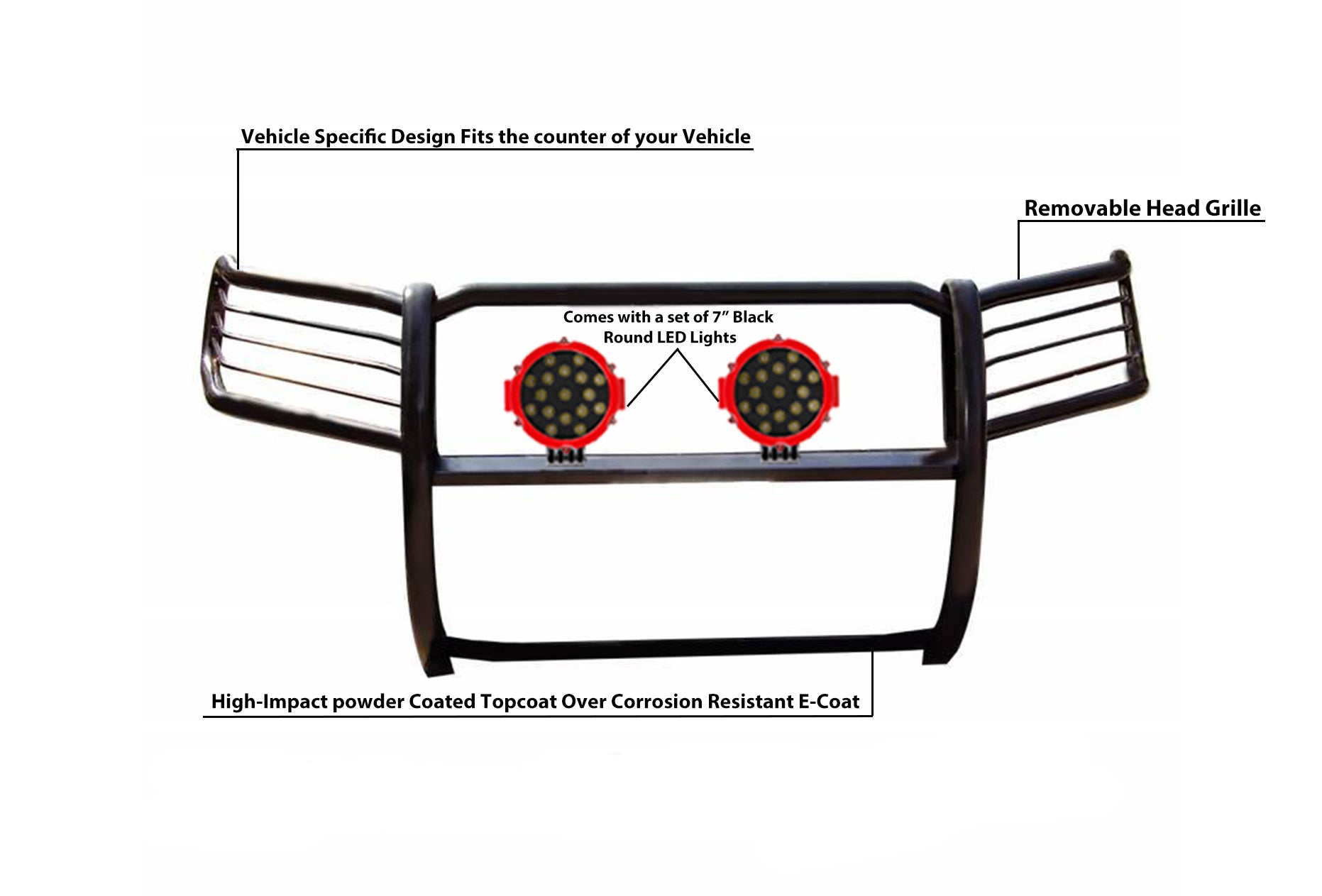 2011-2015 Ford Explorer Grille Guard Kit Modular Incl. pair of 7.0"Dia.  LED  Lights w/Red Trim Rings w/ Wiring Harness and Switch | Black Horse Off Road - Image 1