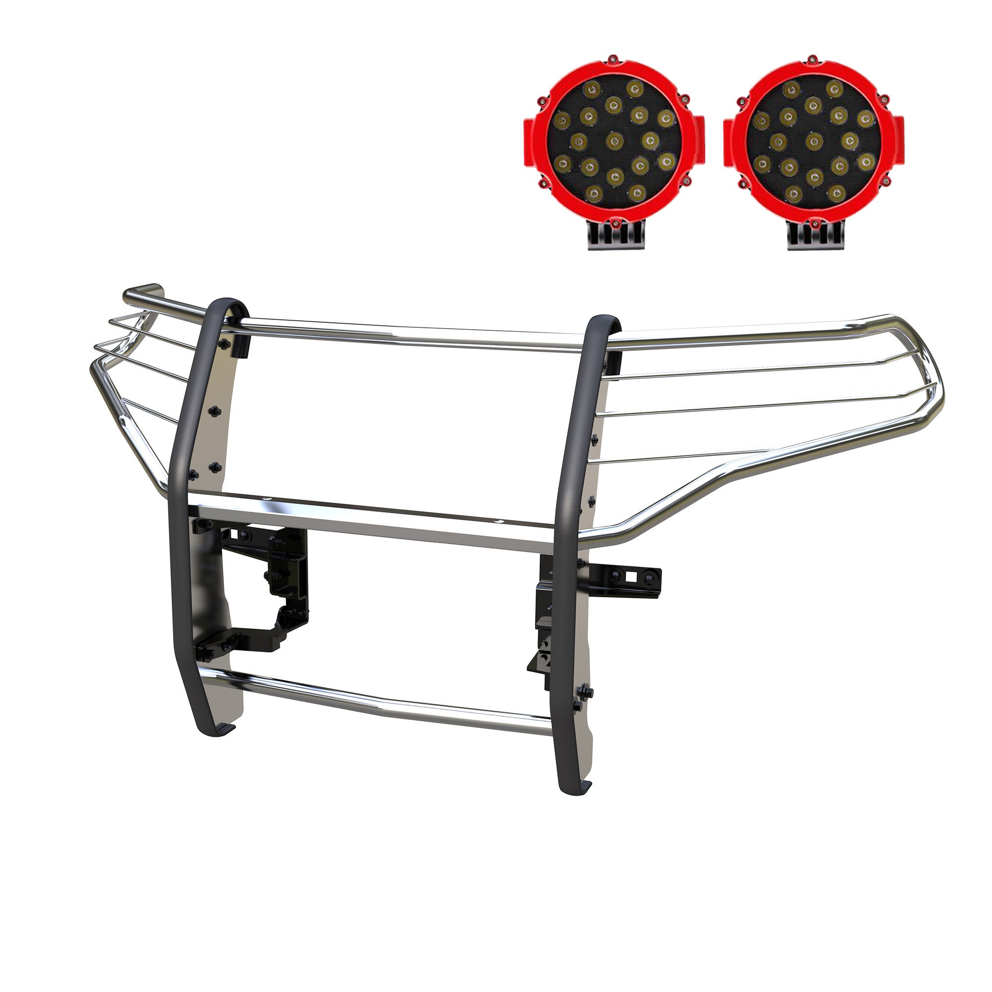2020-2024 Ford Explorer Grille Guard Kit Modular Incl. pair of 7.0"Dia.  LED  Lights w/Red Trim Rings w/ Wiring Harness and Switch | Black Horse Off Road - Image 1