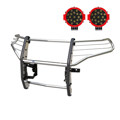 2020-2024 Ford Explorer Grille Guard Kit Modular Incl. pair of 7.0"Dia.  LED  Lights w/Red Trim Rings w/ Wiring Harness and Switch | Black Horse Off Road - Image 1