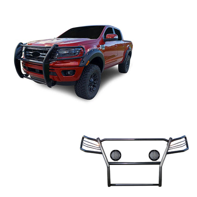 2019-2023 Ford Ranger Grille Guard Kit Modular Pair  of 5.3" Dia. LED Flood Lights w/ Black Trim Rings Wiring Harness  and Switch | Black Horse Off Road - Image 1