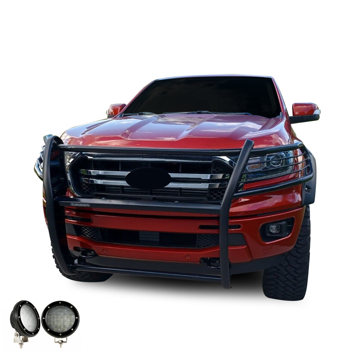2019-2023 Ford Ranger Grille Guard Kit Modular Pair  of 5.3" Dia. LED Flood Lights w/ Black Trim Rings Wiring Harness  and Switch | Black Horse Off Road - Image 7
