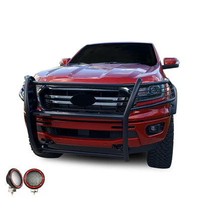 2019-2023 Ford Ranger Grille Guard Kit Modular Pair  of 5.3" Dia. LED Flood Lights w/ Red Trim Rings Wiring Harness  and Switch | Black Horse Off Road - Image 7