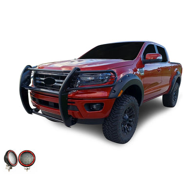 2019-2023 Ford Ranger Grille Guard Kit Modular Pair  of 5.3" Dia. LED Flood Lights w/ Red Trim Rings Wiring Harness  and Switch | Black Horse Off Road - Image 8