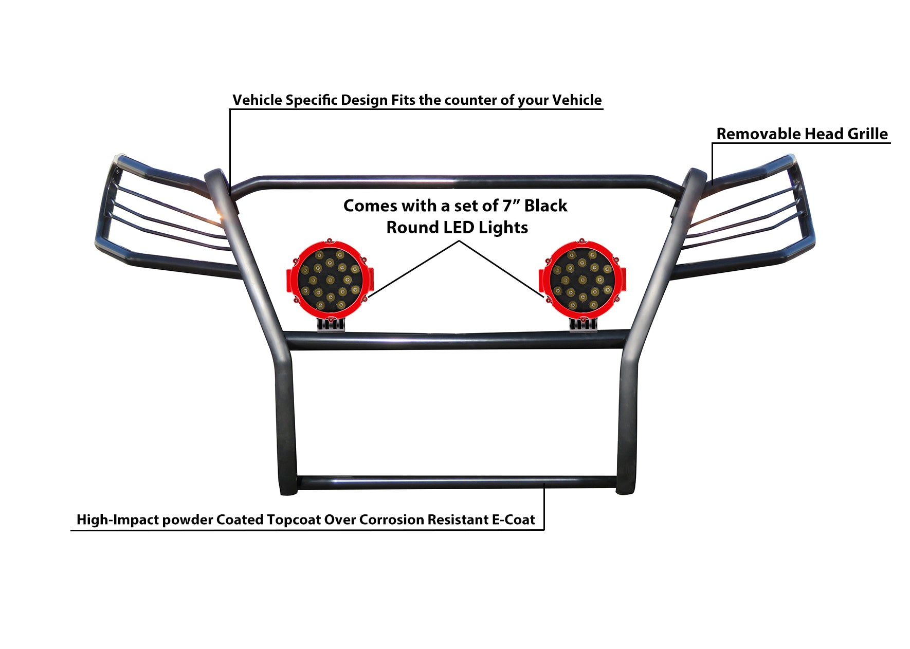 2019-2023 Ford Ranger Grille Guard Kit Modular Incl. pair of 7.0"Dia.  LED  Lights w/Red Trim Rings w/ Wiring Harness and Switch | Black Horse Off Road - Image 6