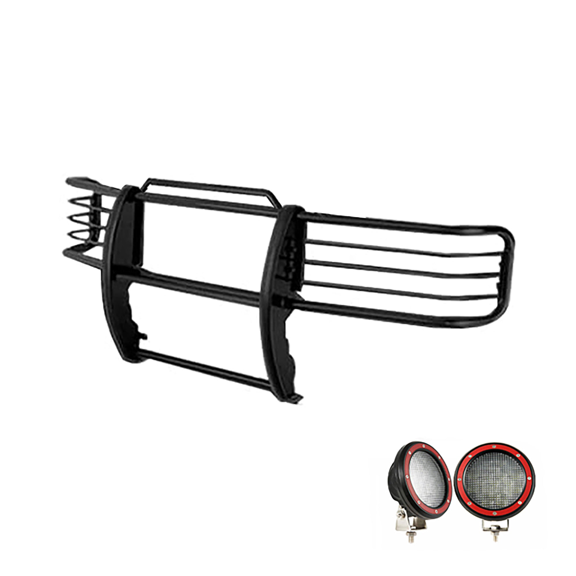 1999-2004 Ford Expedition Grille Guard Kit Modular Pair  of 5.3" Dia. LED Flood Lights w/ Red Trim Rings Wiring Harness  and Switch | Black Horse Off Road - Image 1