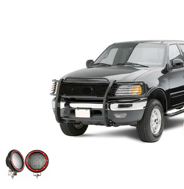 1999-2007 Ford Expedition Grille Guard Kit Modular Pair  of 5.3" Dia. LED Flood Lights w/ Red Trim Rings Wiring Harness  and Switch | Black Horse Off Road - Image 1