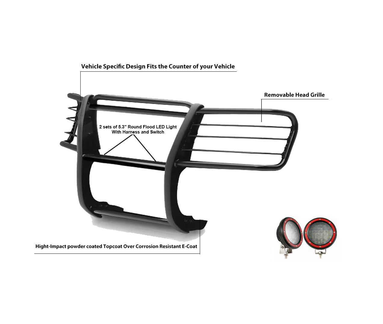1999-2007 Ford Expedition Grille Guard Kit Modular Pair  of 5.3" Dia. LED Flood Lights w/ Red Trim Rings Wiring Harness  and Switch | Black Horse Off Road - Image 2