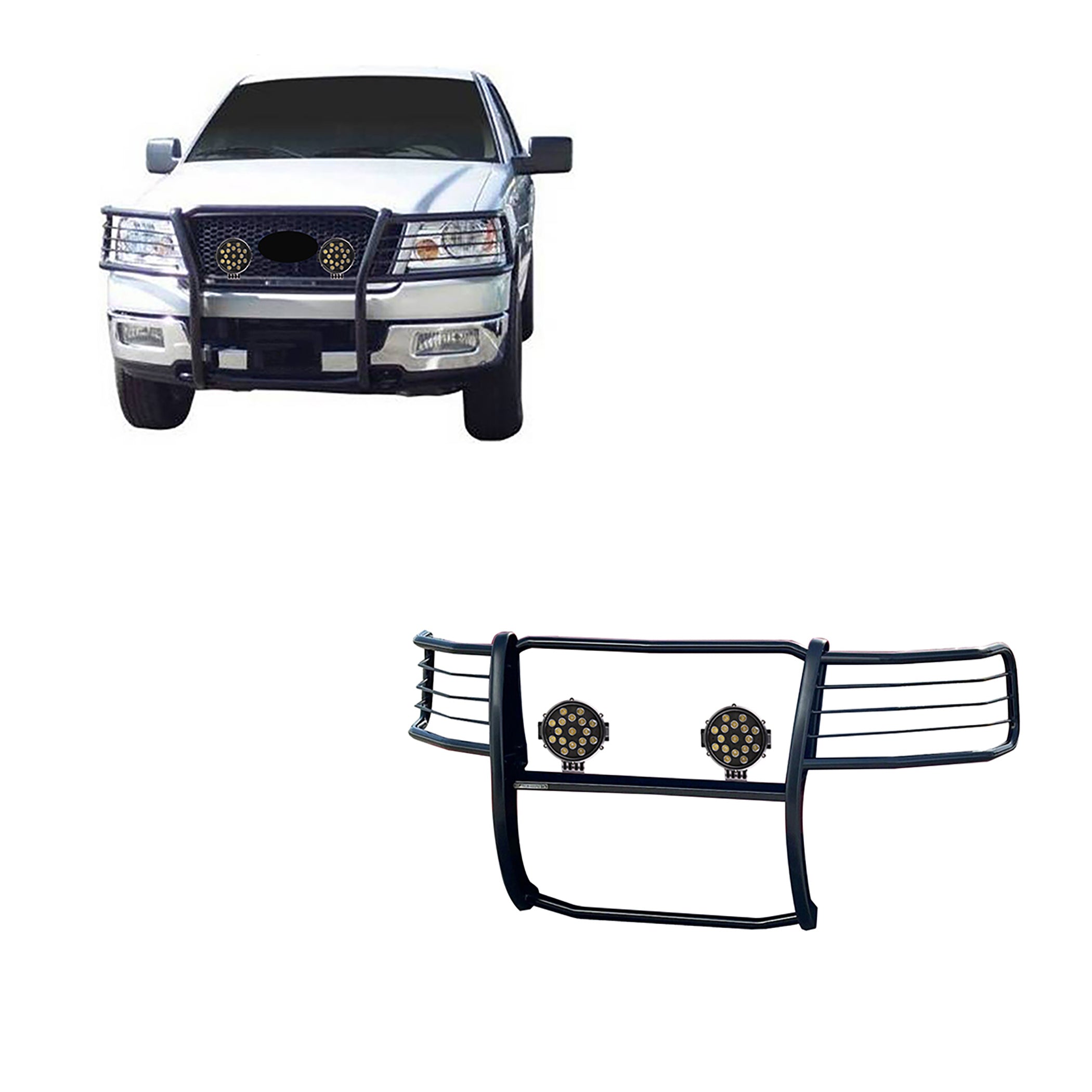 2004-2008 Ford F-150 Grille Guard Kit Modular Incl. pair of 7.0"Dia.  LED  Lights w/ Black Trim Rings w/ Wiring Harness and Switch | Black Horse Off Road - Image 1