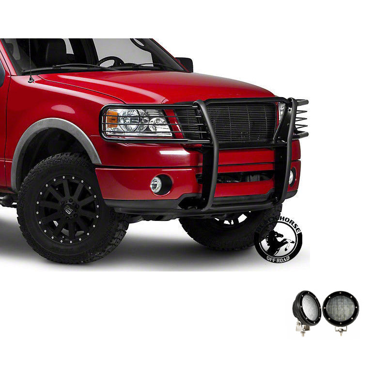 2004-2008 Ford F-150 Grille Guard Kit Modular Pair  of 5.3" Dia. LED Flood Lights w/ Black Trim Rings Wiring Harness  and Switch | Black Horse Off Road - Image 7
